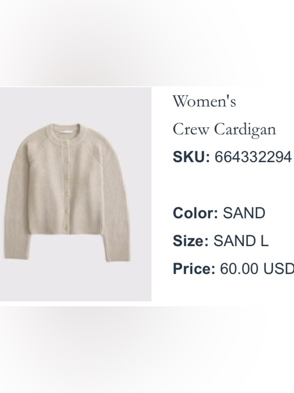 Abercrombie & Fitch Crew Cardigan Sand Gold Button Size L